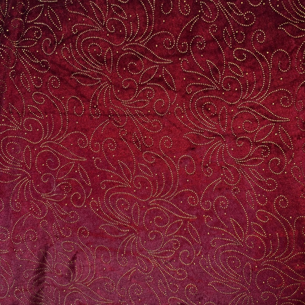 Burgundy Velvet Christmas Tree Skirt 46 Inch Gold Glitter Scroll Holiday Decor - Picture 3 of 4